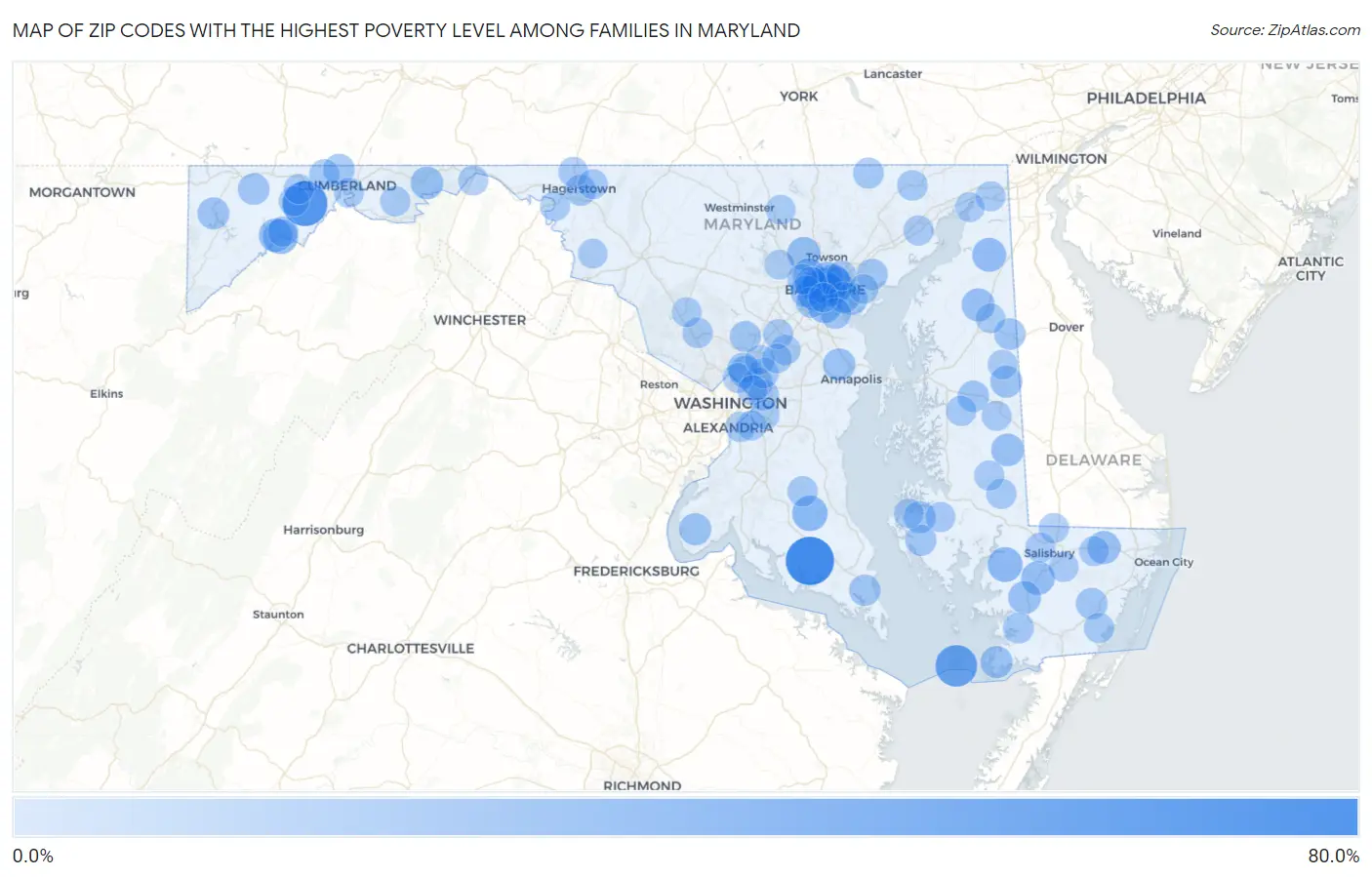 Zip Codes with the Highest Poverty Level Among Families in Maryland Map