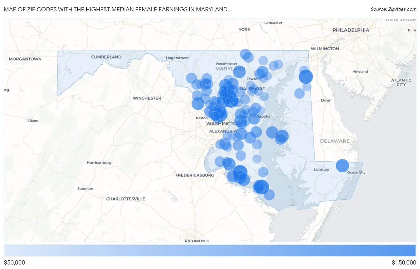 Zip Codes with the Highest Median Female Earnings in Maryland Map