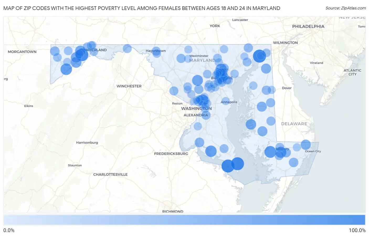 Zip Codes with the Highest Poverty Level Among Females Between Ages 18 and 24 in Maryland Map