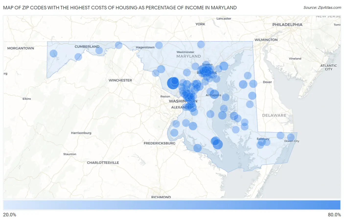 Zip Codes with the Highest Costs of Housing as Percentage of Income in Maryland Map