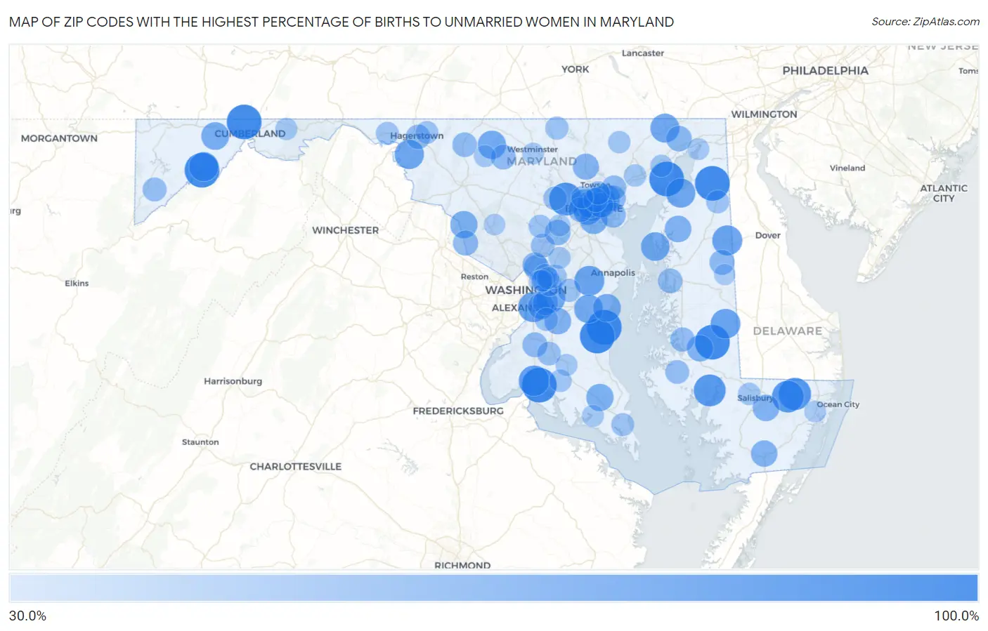 Zip Codes with the Highest Percentage of Births to Unmarried Women in Maryland Map
