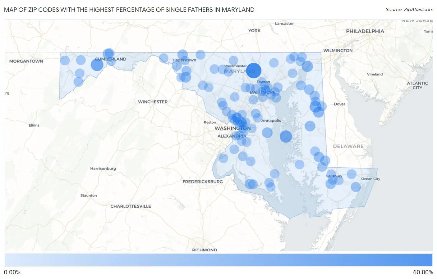 Zip Codes with the Highest Percentage of Single Fathers in Maryland Map