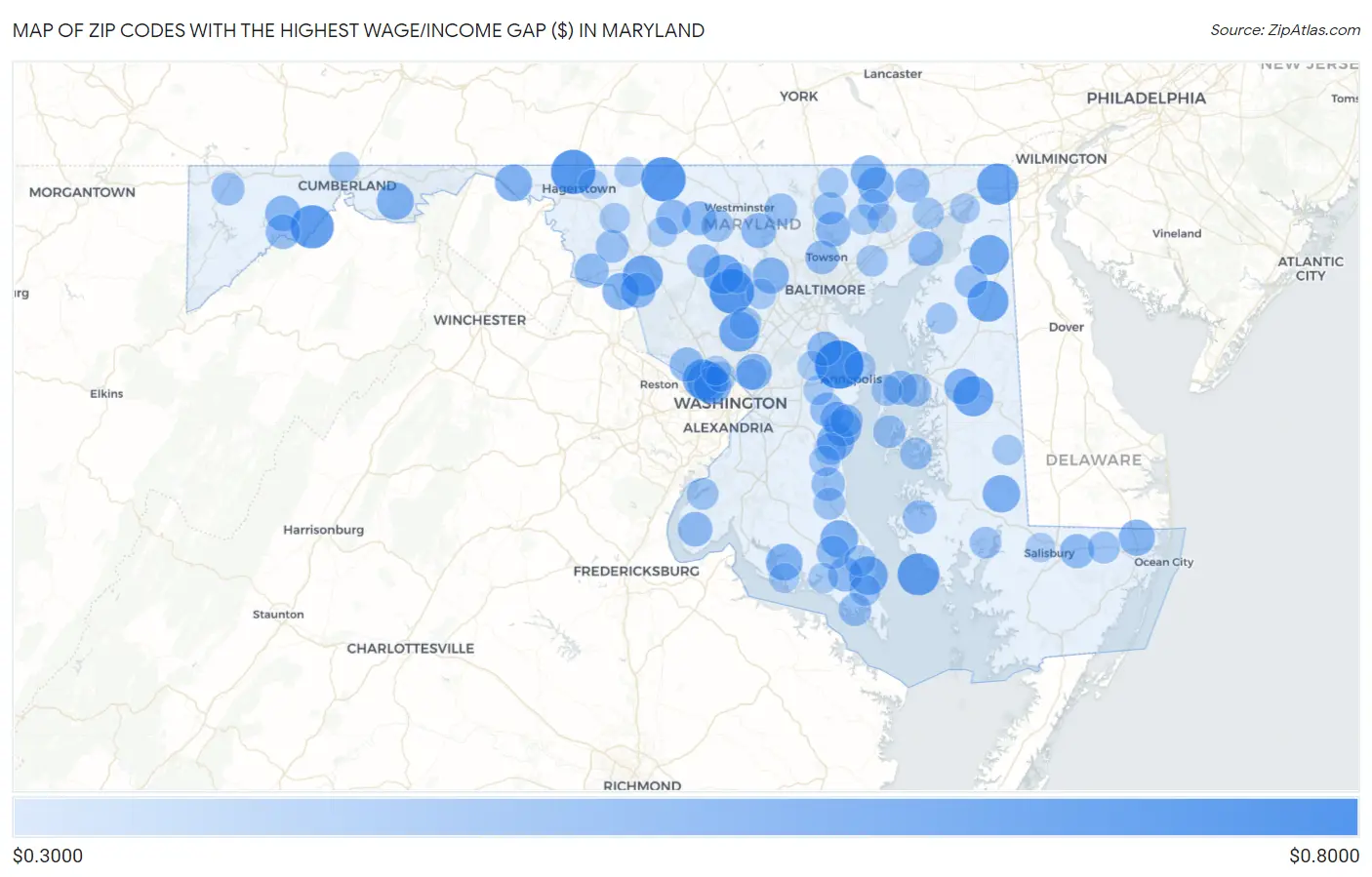 Zip Codes with the Highest Wage/Income Gap ($) in Maryland Map