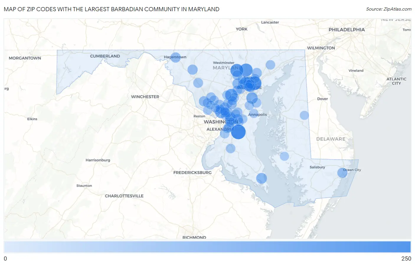 Zip Codes with the Largest Barbadian Community in Maryland Map