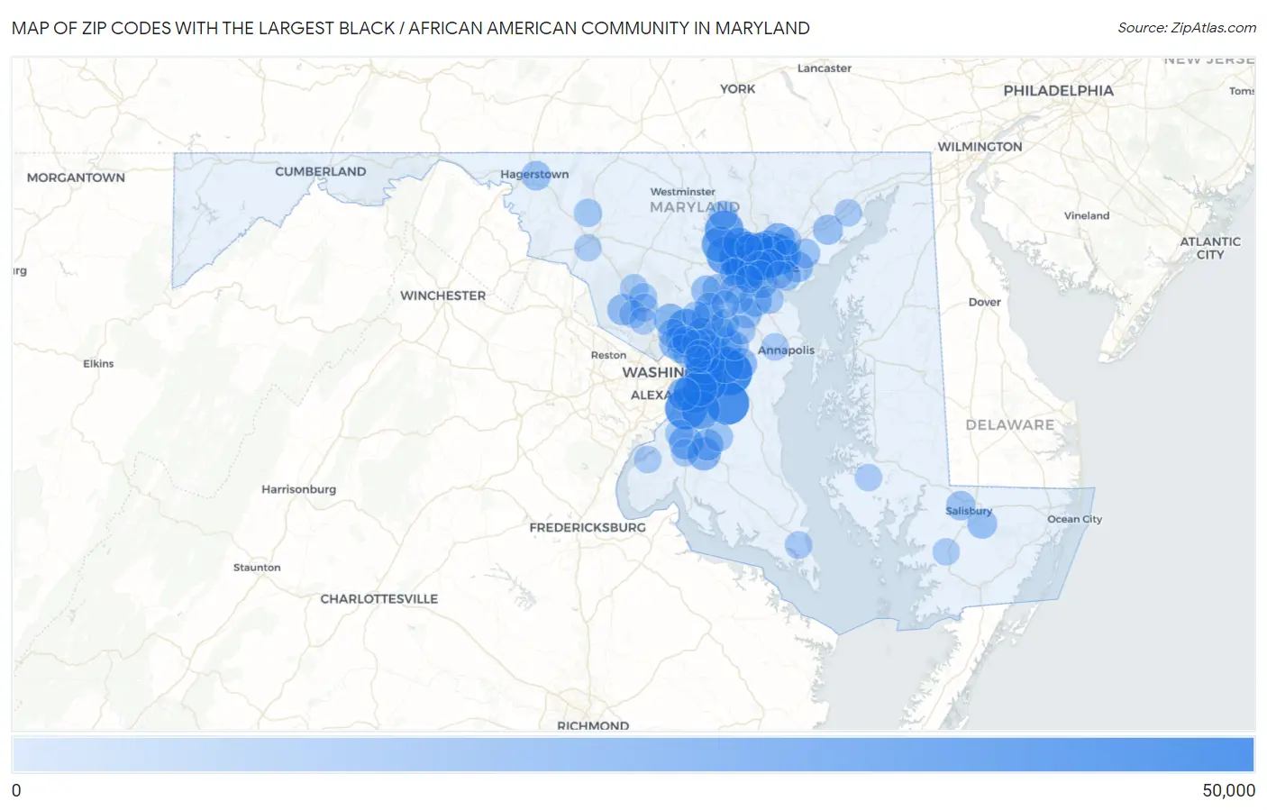 Zip Codes with the Largest Black / African American Community in Maryland Map