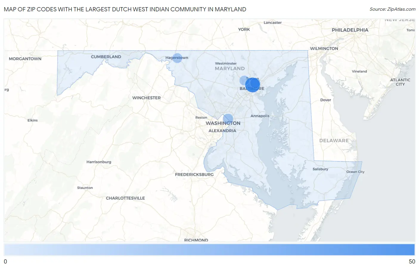 Zip Codes with the Largest Dutch West Indian Community in Maryland Map