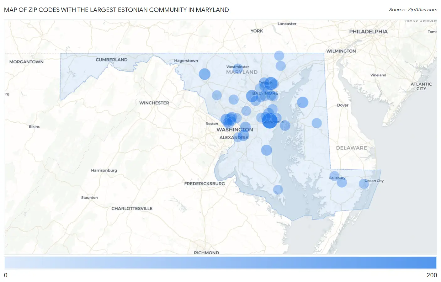 Zip Codes with the Largest Estonian Community in Maryland Map