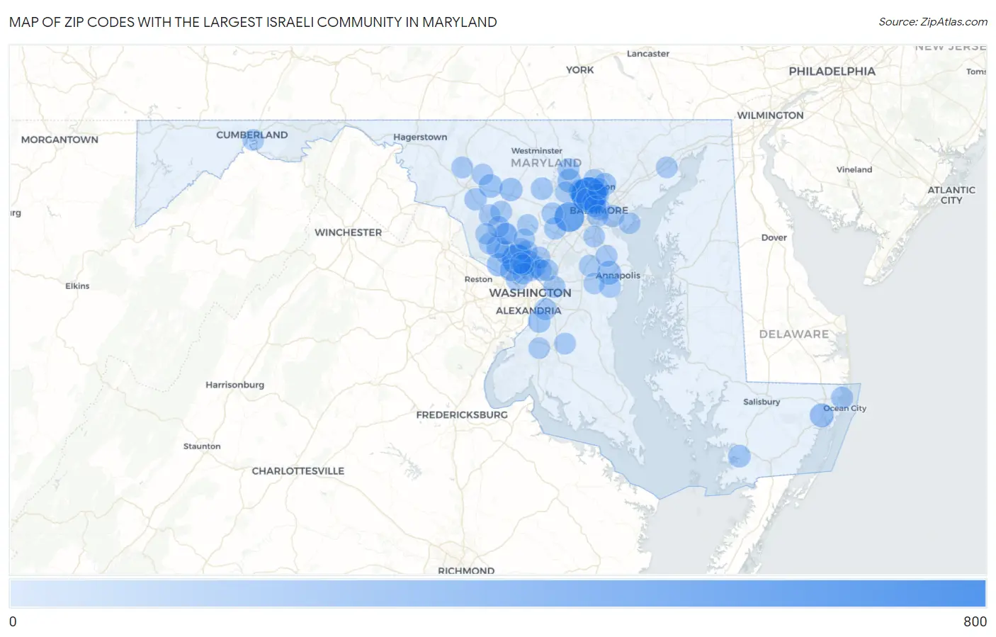 Zip Codes with the Largest Israeli Community in Maryland Map