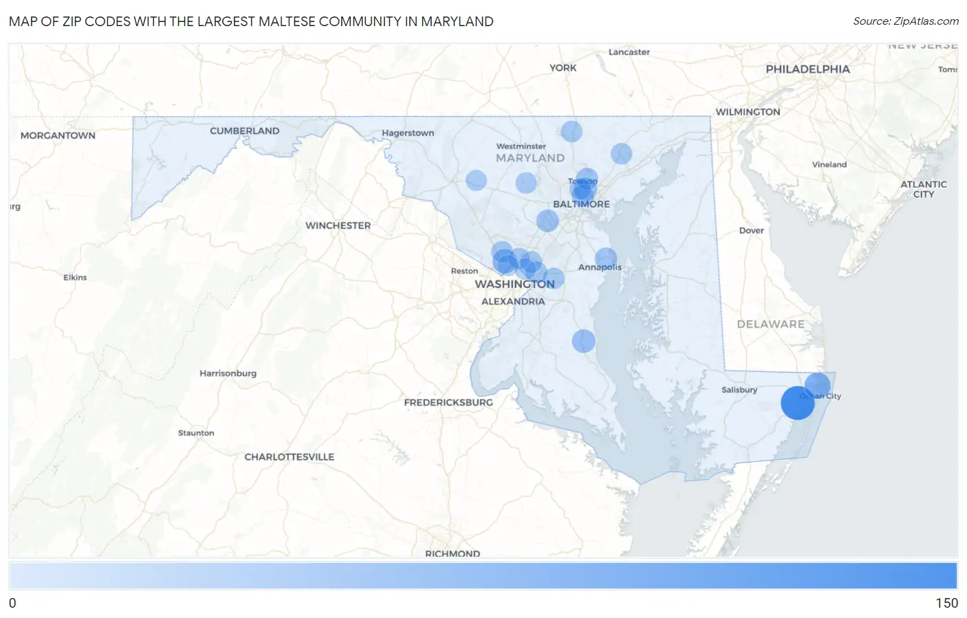 Zip Codes with the Largest Maltese Community in Maryland Map