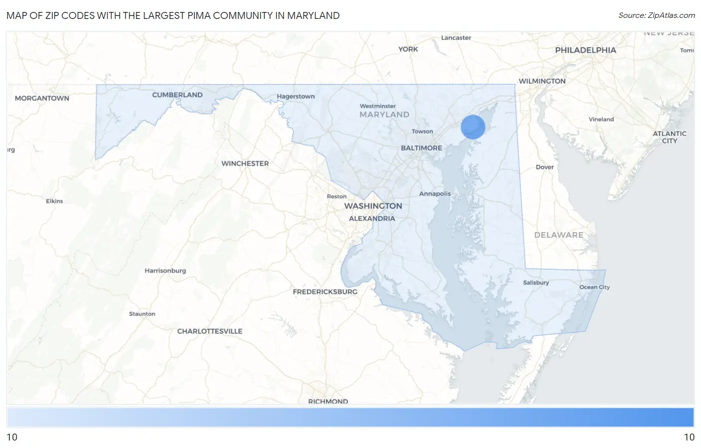 Zip Codes with the Largest Pima Community in Maryland Map