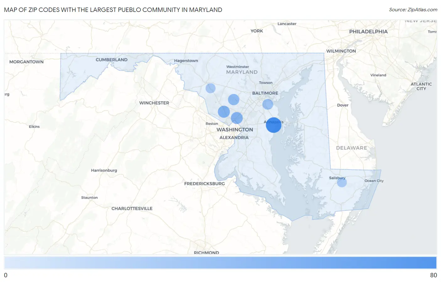 Zip Codes with the Largest Pueblo Community in Maryland Map