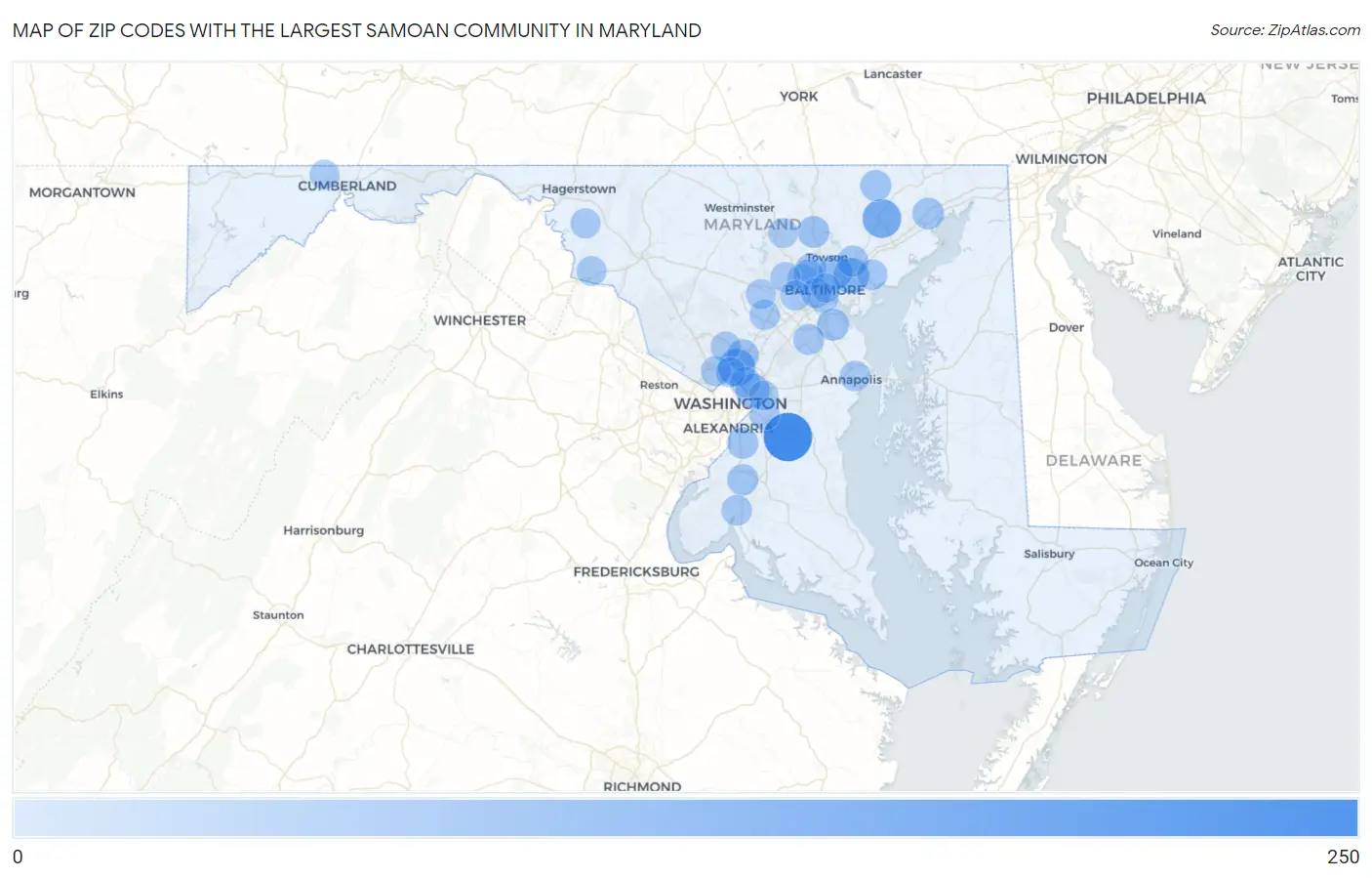 Zip Codes with the Largest Samoan Community in Maryland Map