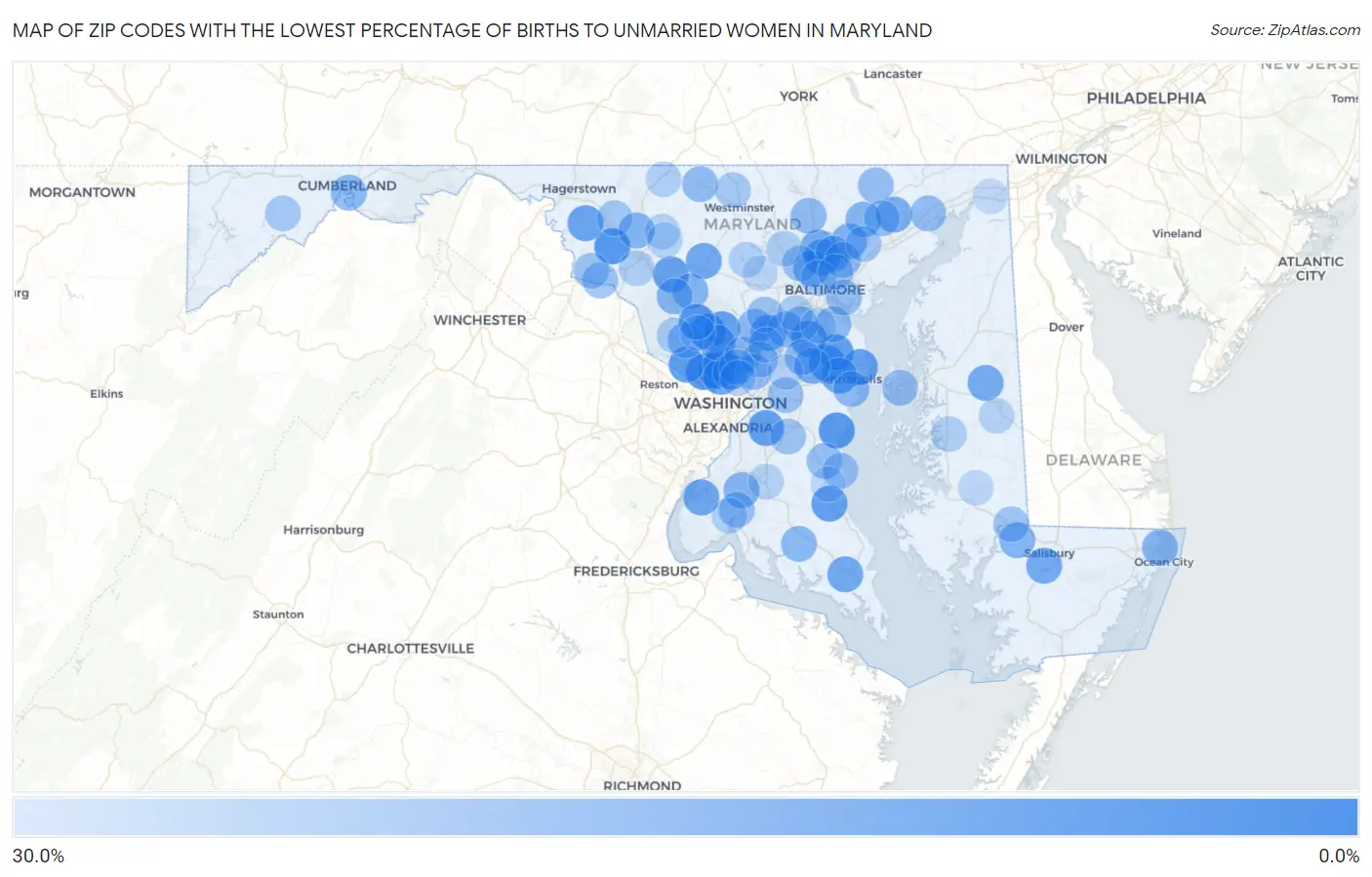 Zip Codes with the Lowest Percentage of Births to Unmarried Women in Maryland Map