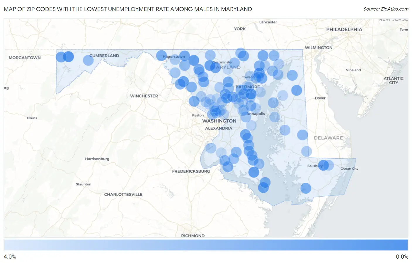 Zip Codes with the Lowest Unemployment Rate Among Males in Maryland Map
