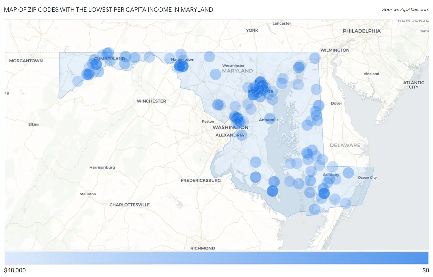 Zip Codes with the Lowest Per Capita Income in Maryland Map