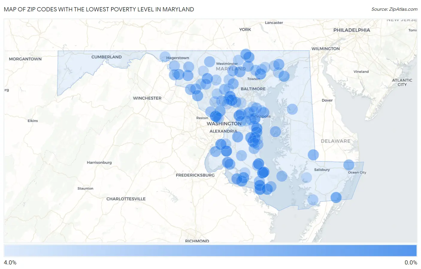 Zip Codes with the Lowest Poverty Level in Maryland Map