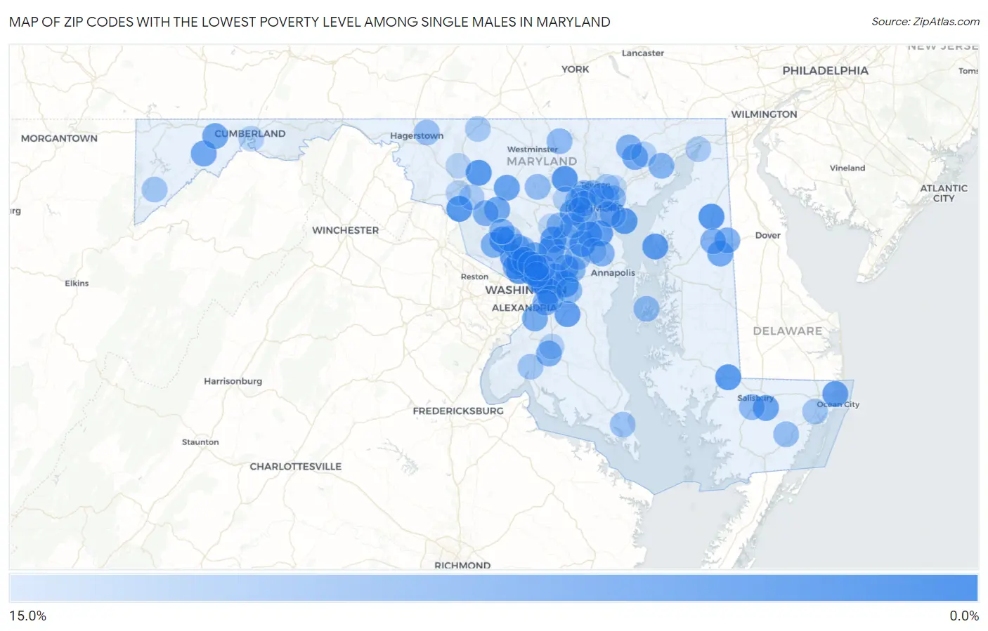 Zip Codes with the Lowest Poverty Level Among Single Males in Maryland Map