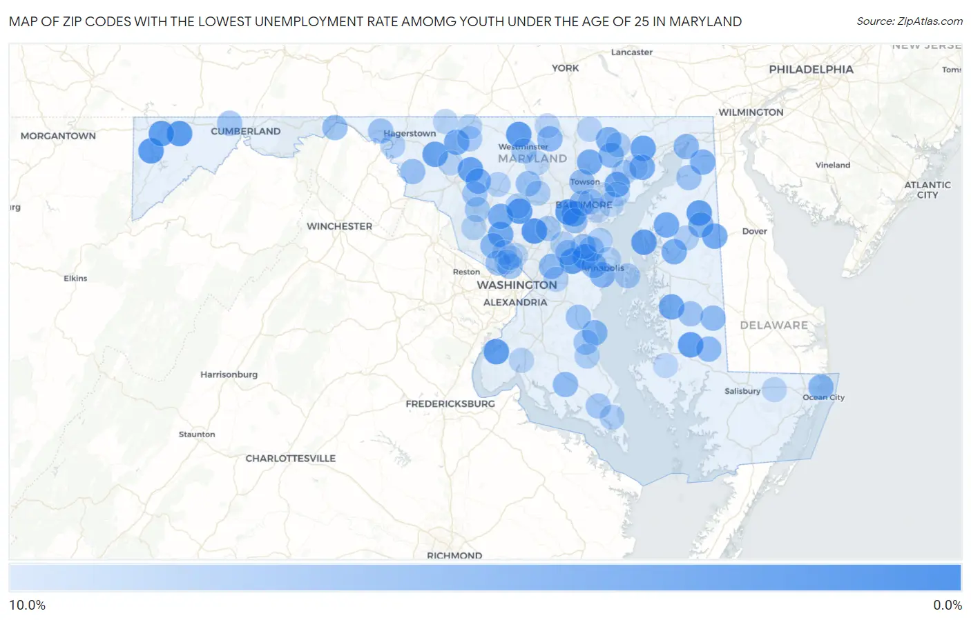 Zip Codes with the Lowest Unemployment Rate Amomg Youth Under the Age of 25 in Maryland Map