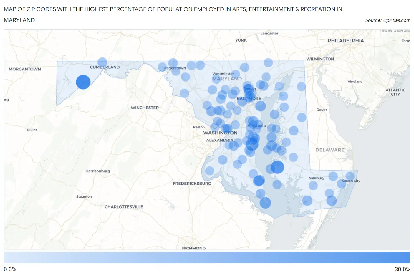 Zip Codes with the Highest Percentage of Population Employed in Arts, Entertainment & Recreation in Maryland Map