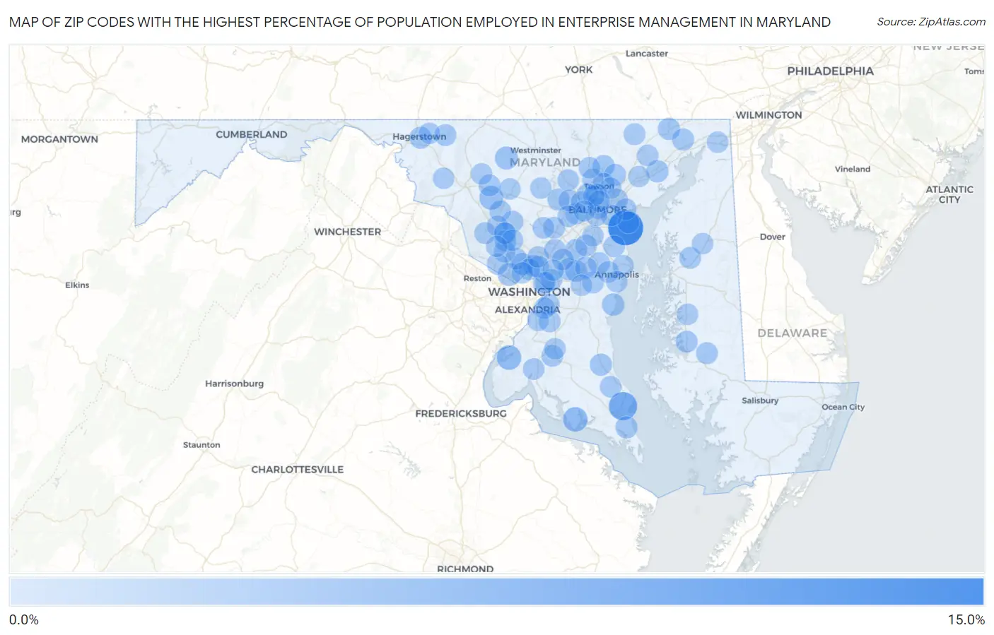 Zip Codes with the Highest Percentage of Population Employed in Enterprise Management in Maryland Map