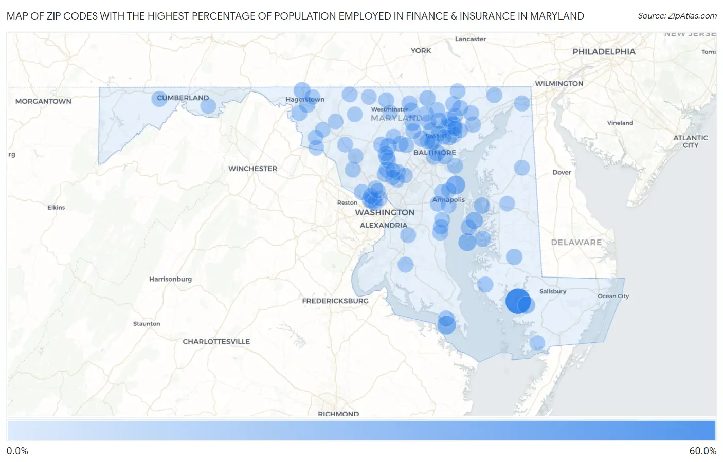 Zip Codes with the Highest Percentage of Population Employed in Finance & Insurance in Maryland Map
