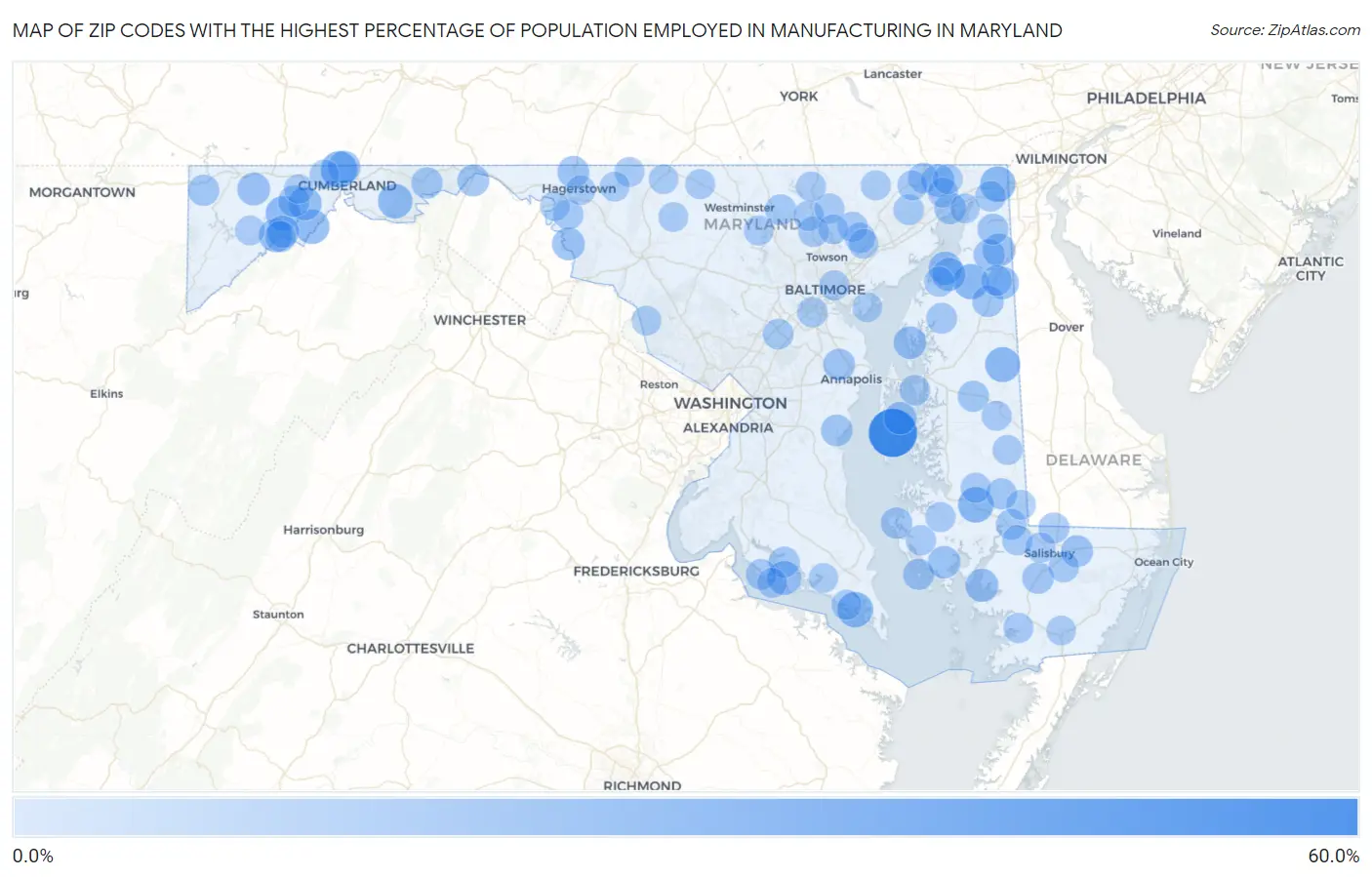 Zip Codes with the Highest Percentage of Population Employed in Manufacturing in Maryland Map