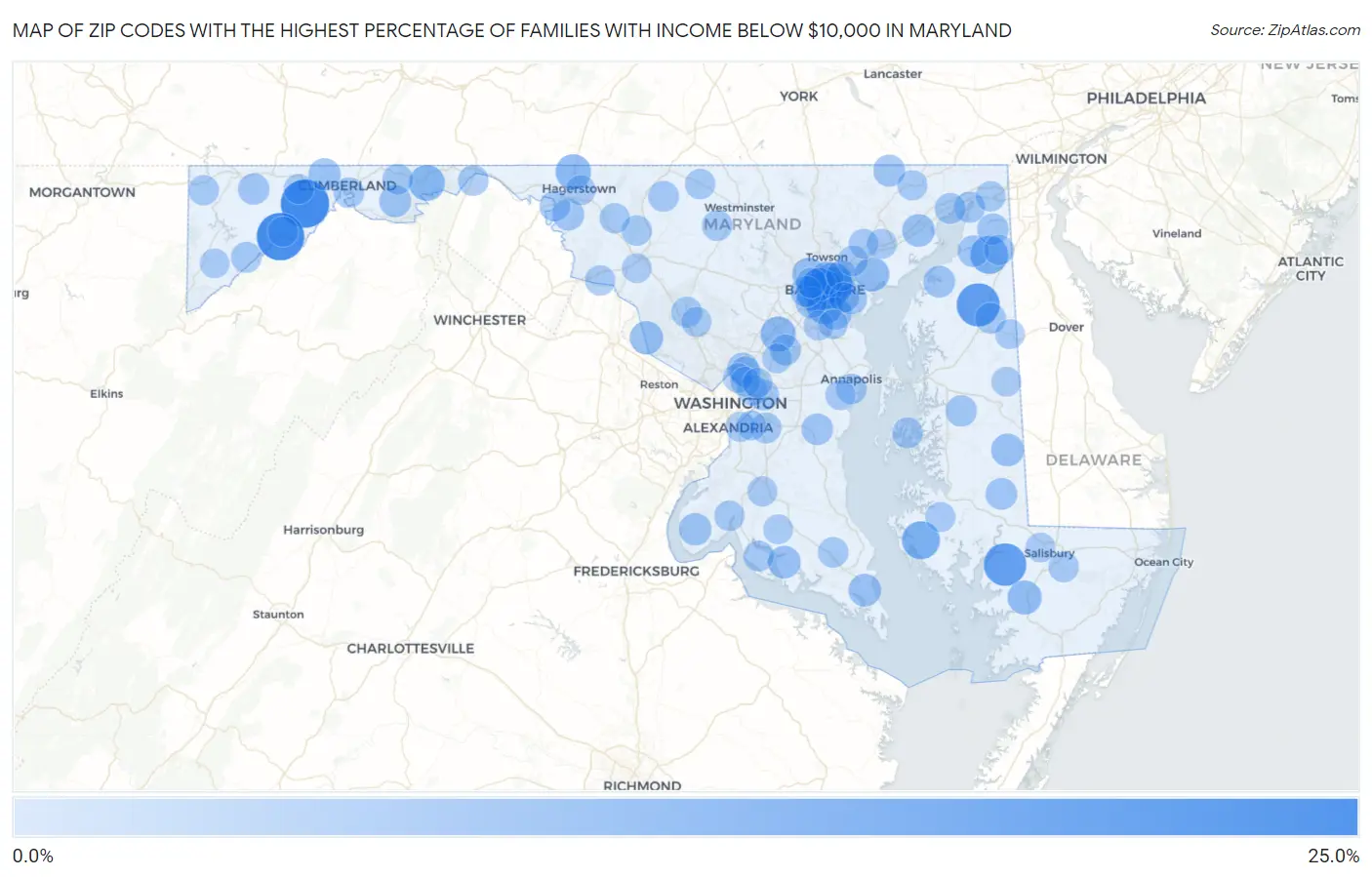 Zip Codes with the Highest Percentage of Families with Income Below $10,000 in Maryland Map