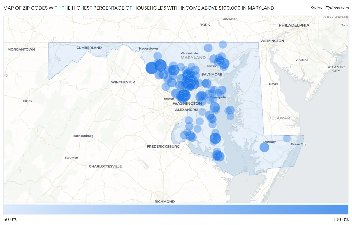 Zip Codes with the Highest Percentage of Households with Income Above $100,000 in Maryland Map