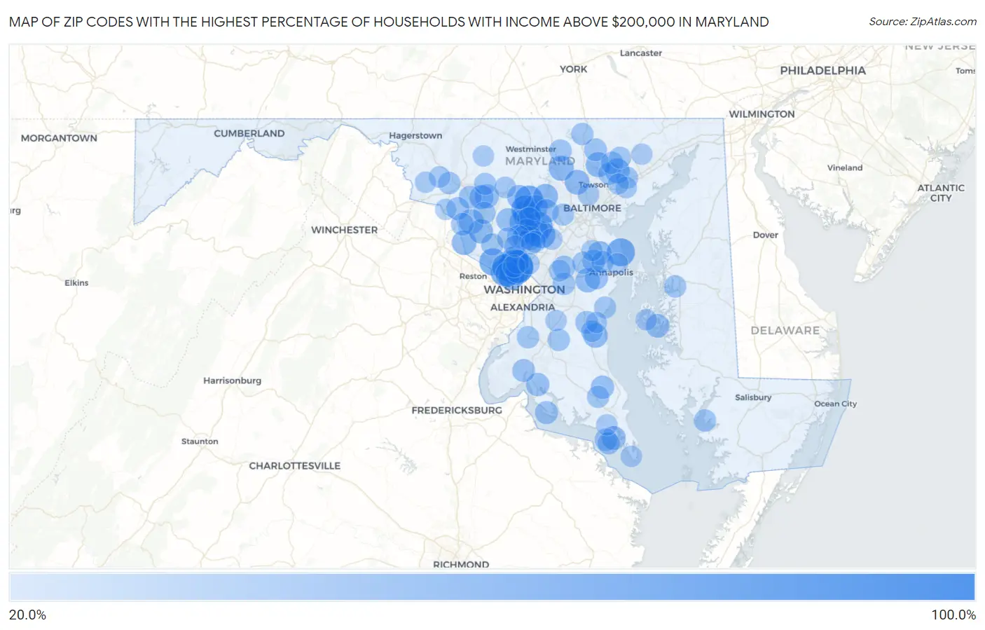 Zip Codes with the Highest Percentage of Households with Income Above $200,000 in Maryland Map