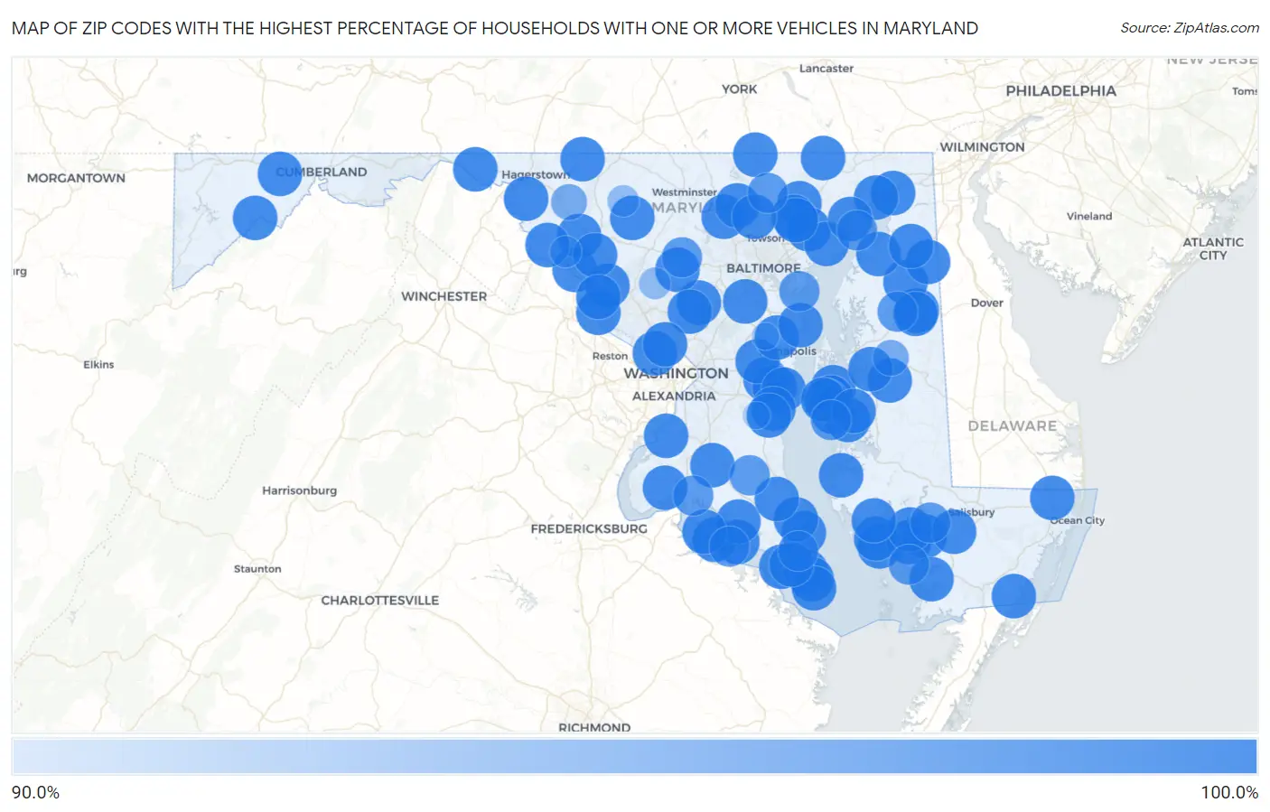 Zip Codes with the Highest Percentage of Households With One or more Vehicles in Maryland Map