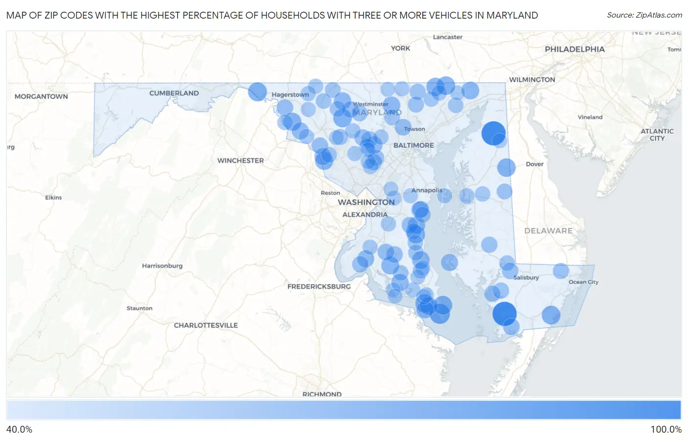 Zip Codes with the Highest Percentage of Households With Three or more Vehicles in Maryland Map
