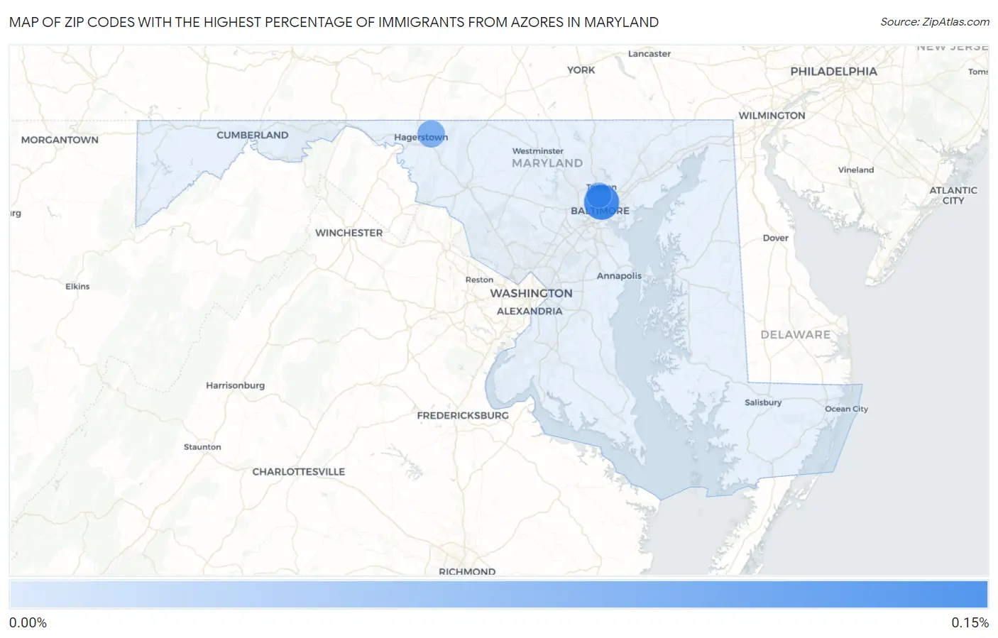 Zip Codes with the Highest Percentage of Immigrants from Azores in Maryland Map