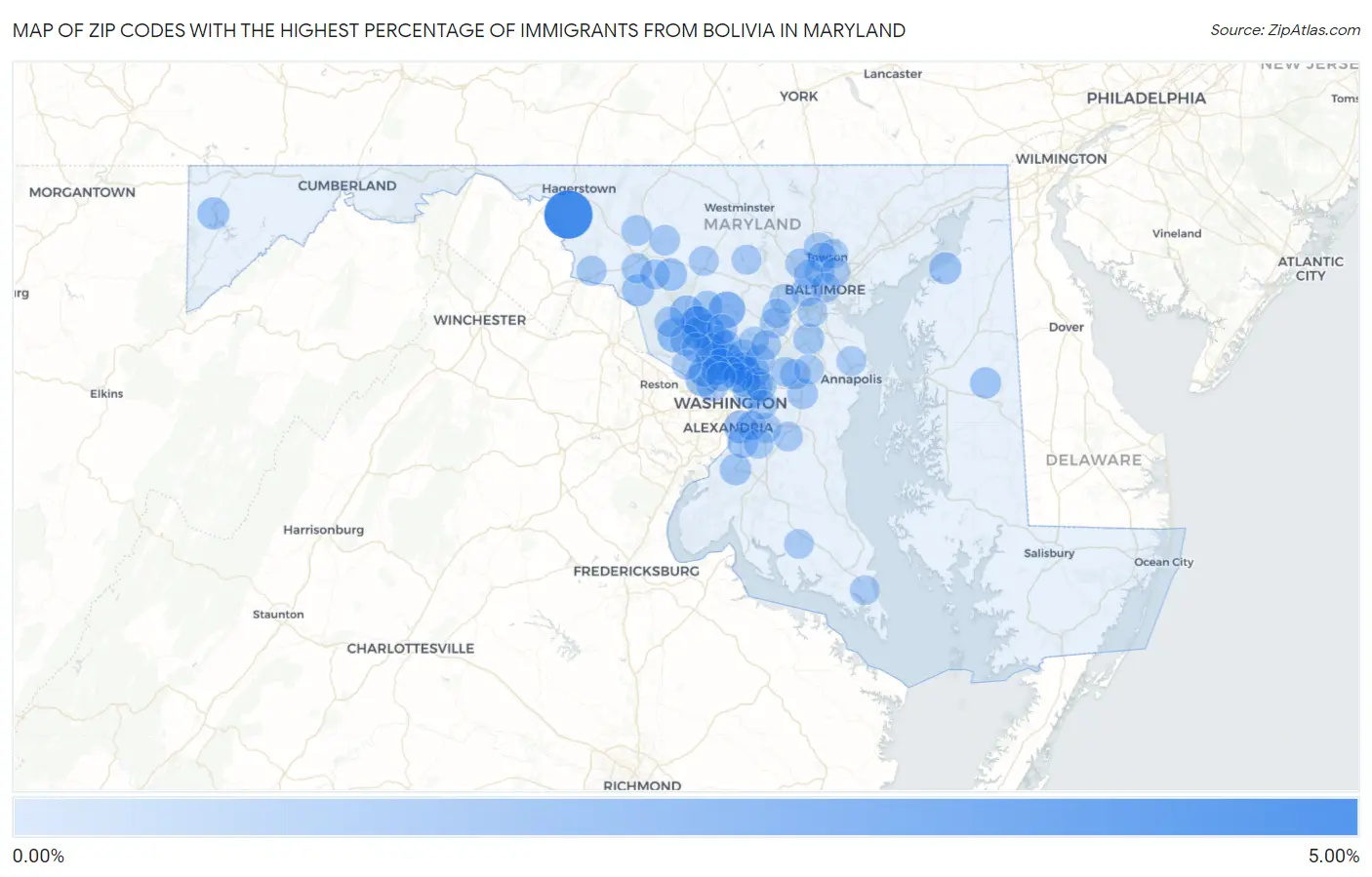 Zip Codes with the Highest Percentage of Immigrants from Bolivia in Maryland Map