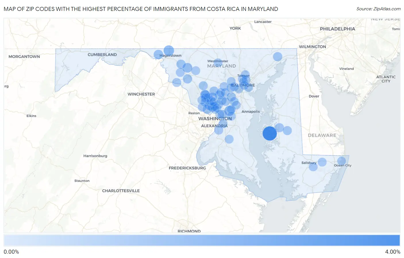 Zip Codes with the Highest Percentage of Immigrants from Costa Rica in Maryland Map