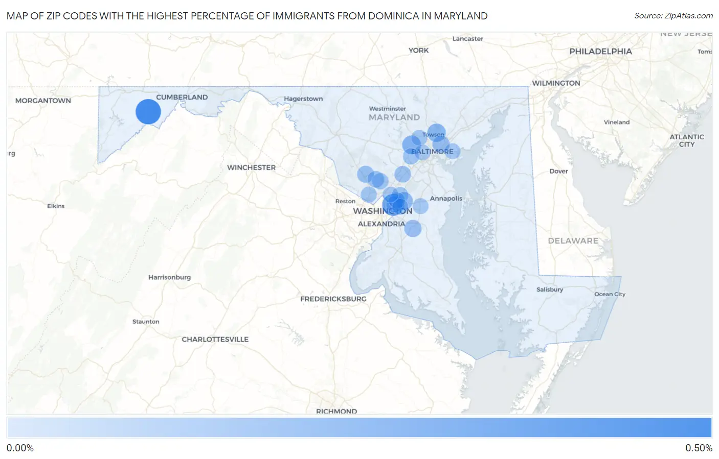 Zip Codes with the Highest Percentage of Immigrants from Dominica in Maryland Map