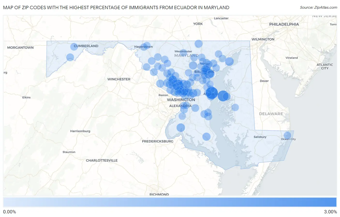 Zip Codes with the Highest Percentage of Immigrants from Ecuador in Maryland Map