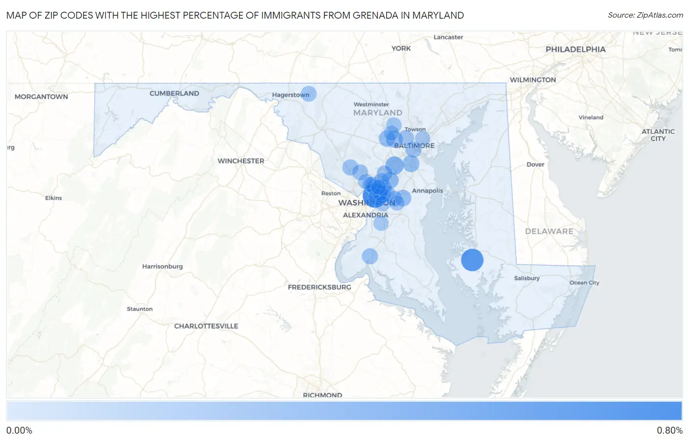 Zip Codes with the Highest Percentage of Immigrants from Grenada in Maryland Map