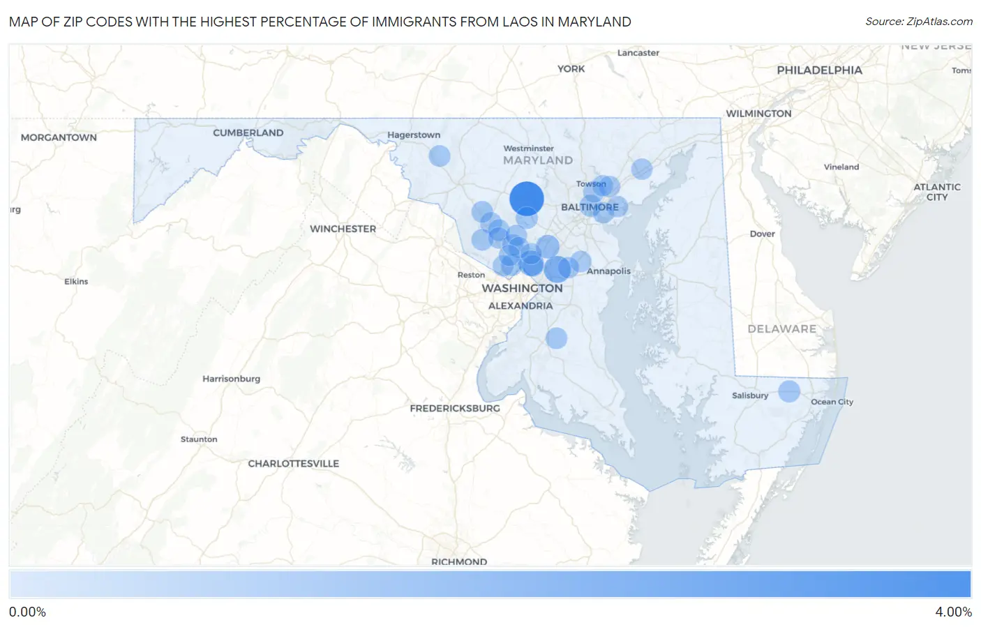 Zip Codes with the Highest Percentage of Immigrants from Laos in Maryland Map