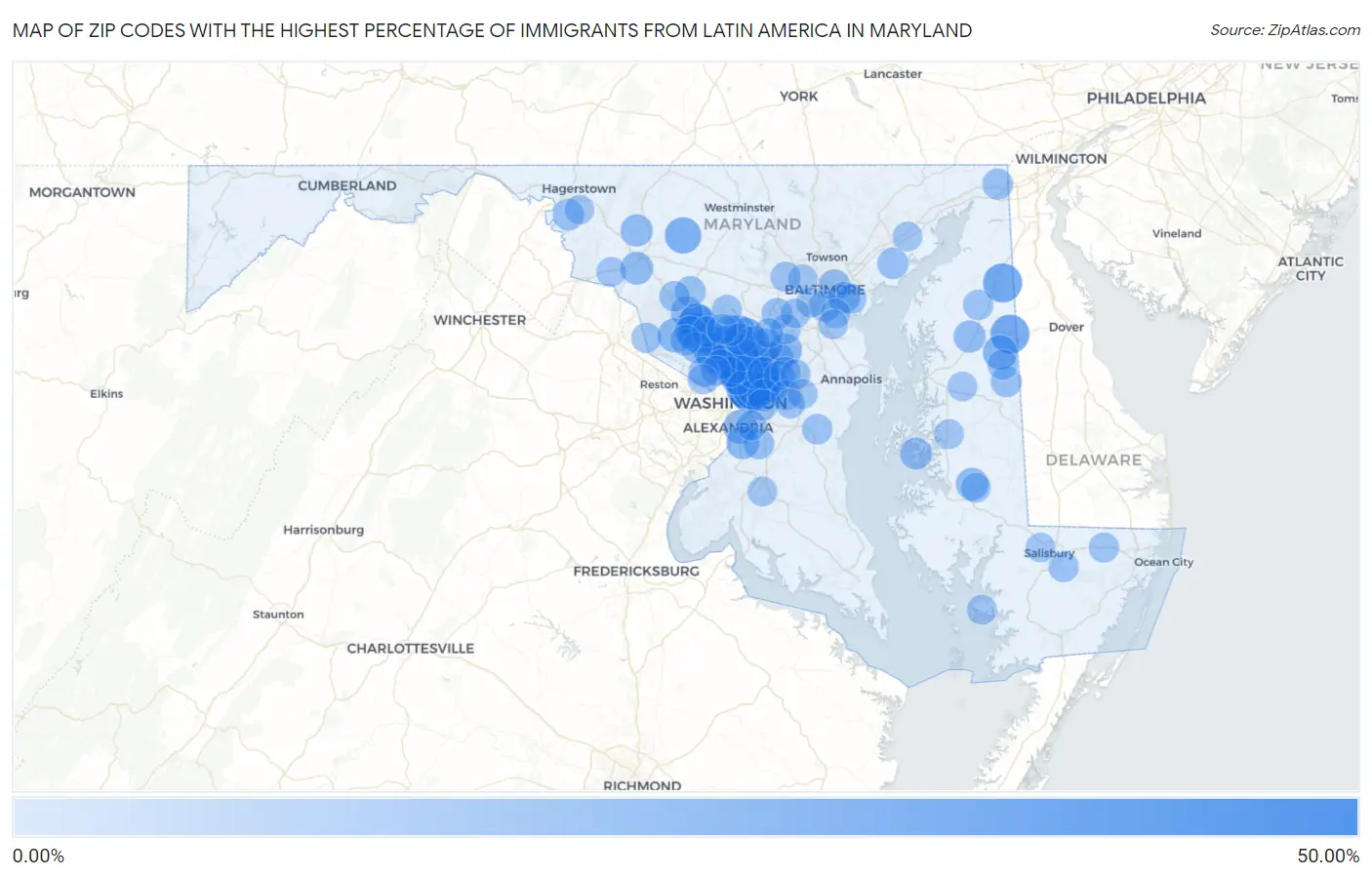 Zip Codes with the Highest Percentage of Immigrants from Latin America in Maryland Map