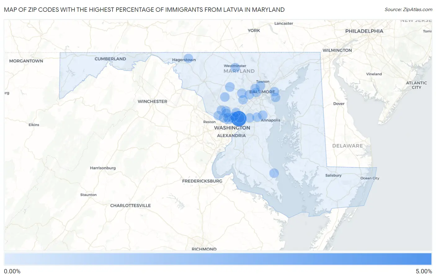 Zip Codes with the Highest Percentage of Immigrants from Latvia in Maryland Map