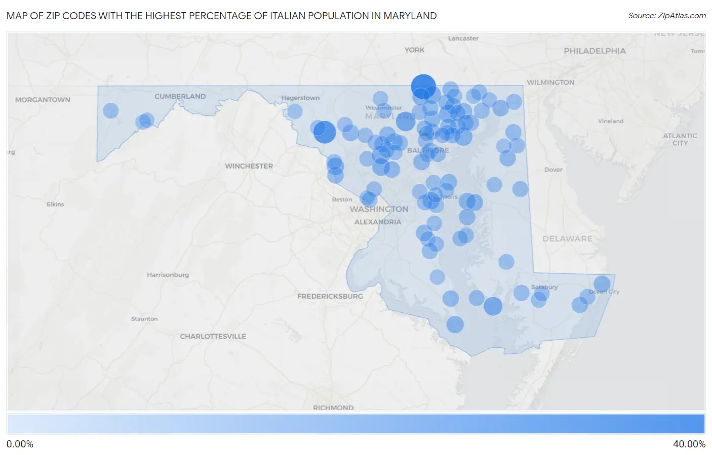 Zip Codes with the Highest Percentage of Italian Population in Maryland Map