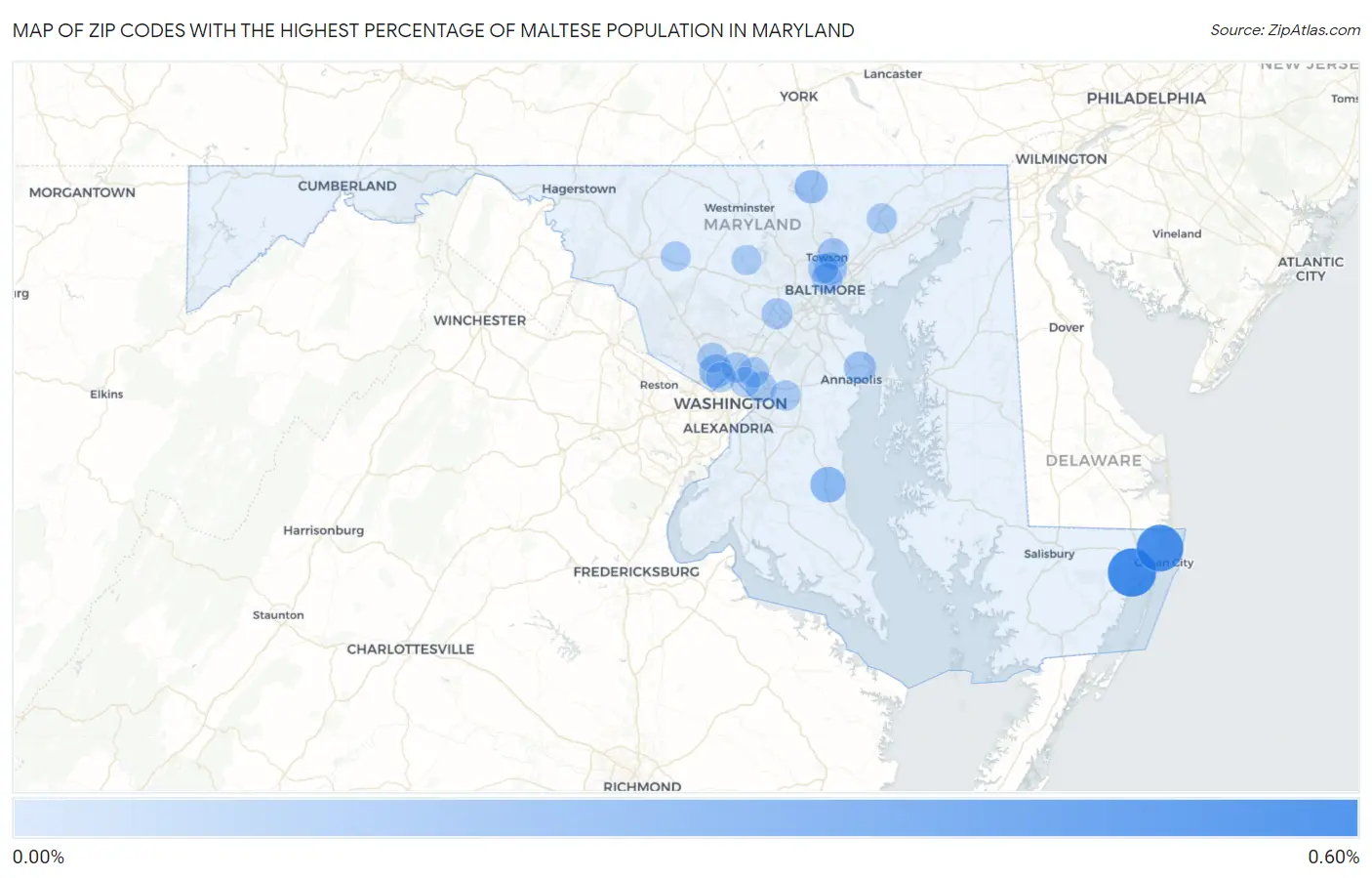 Zip Codes with the Highest Percentage of Maltese Population in Maryland Map