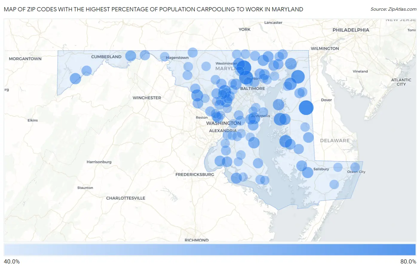 Zip Codes with the Highest Percentage of Population Carpooling to Work in Maryland Map