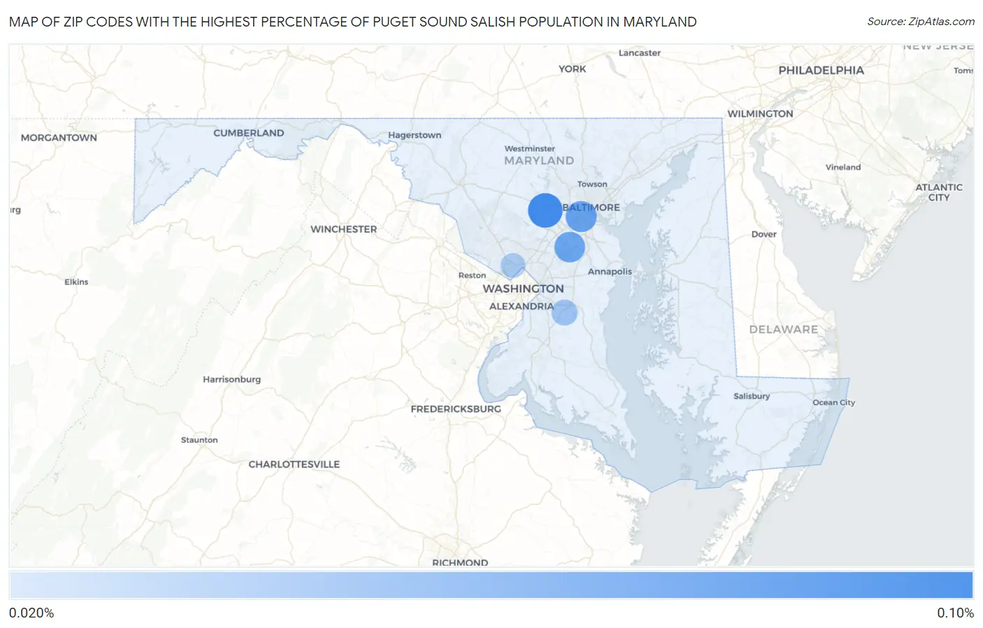 Zip Codes with the Highest Percentage of Puget Sound Salish Population in Maryland Map