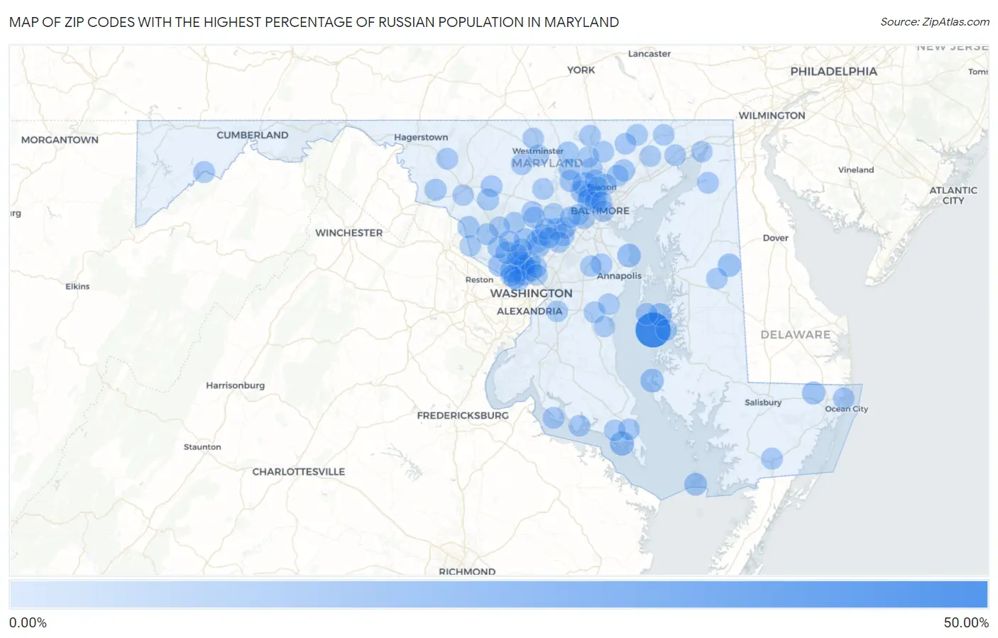 Zip Codes with the Highest Percentage of Russian Population in Maryland Map