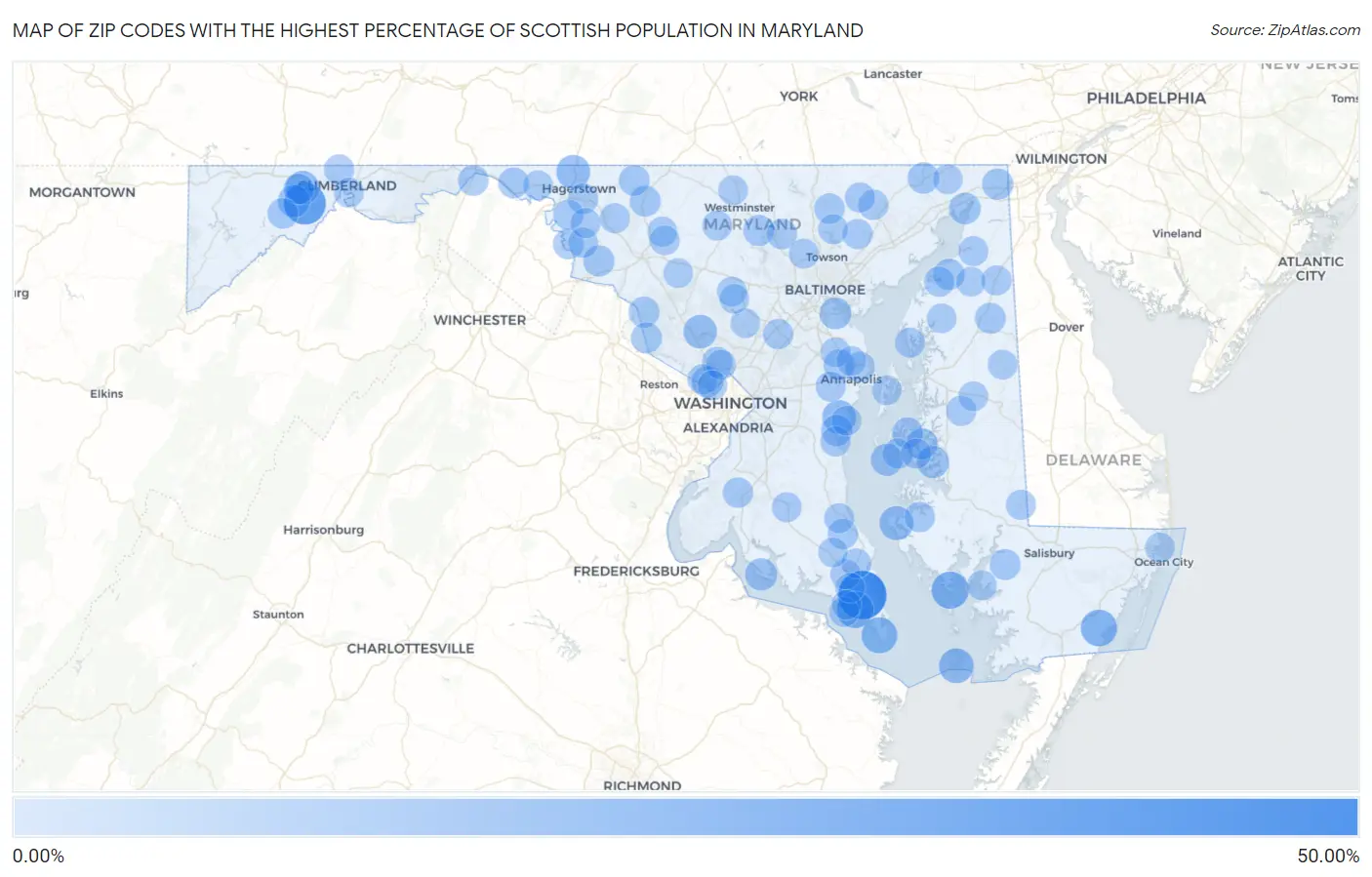 Zip Codes with the Highest Percentage of Scottish Population in Maryland Map