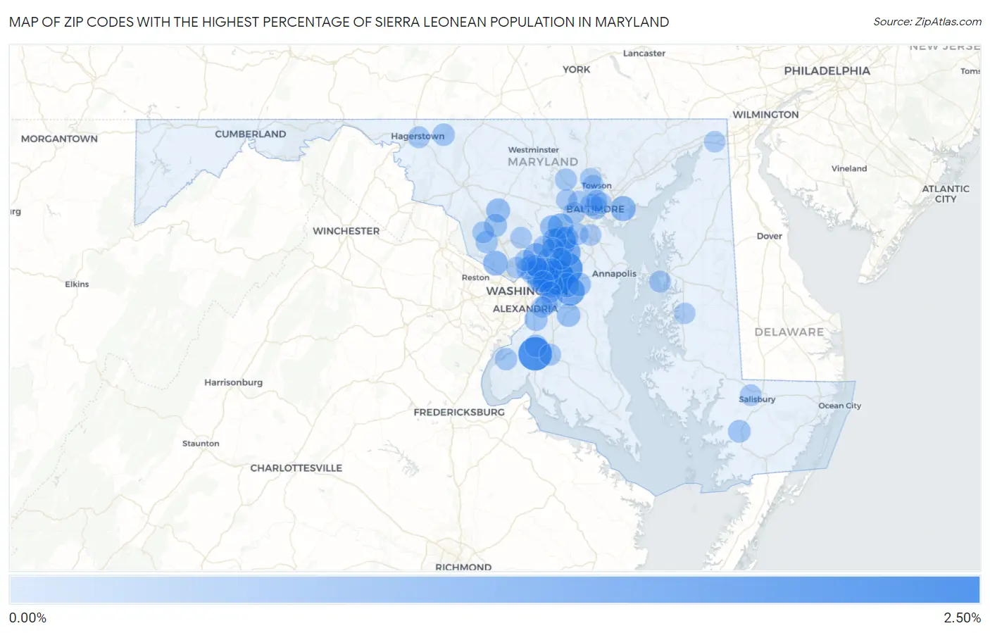 Zip Codes with the Highest Percentage of Sierra Leonean Population in Maryland Map