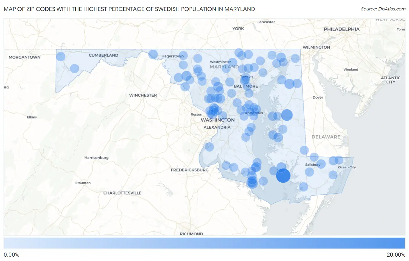 Zip Codes with the Highest Percentage of Swedish Population in Maryland Map