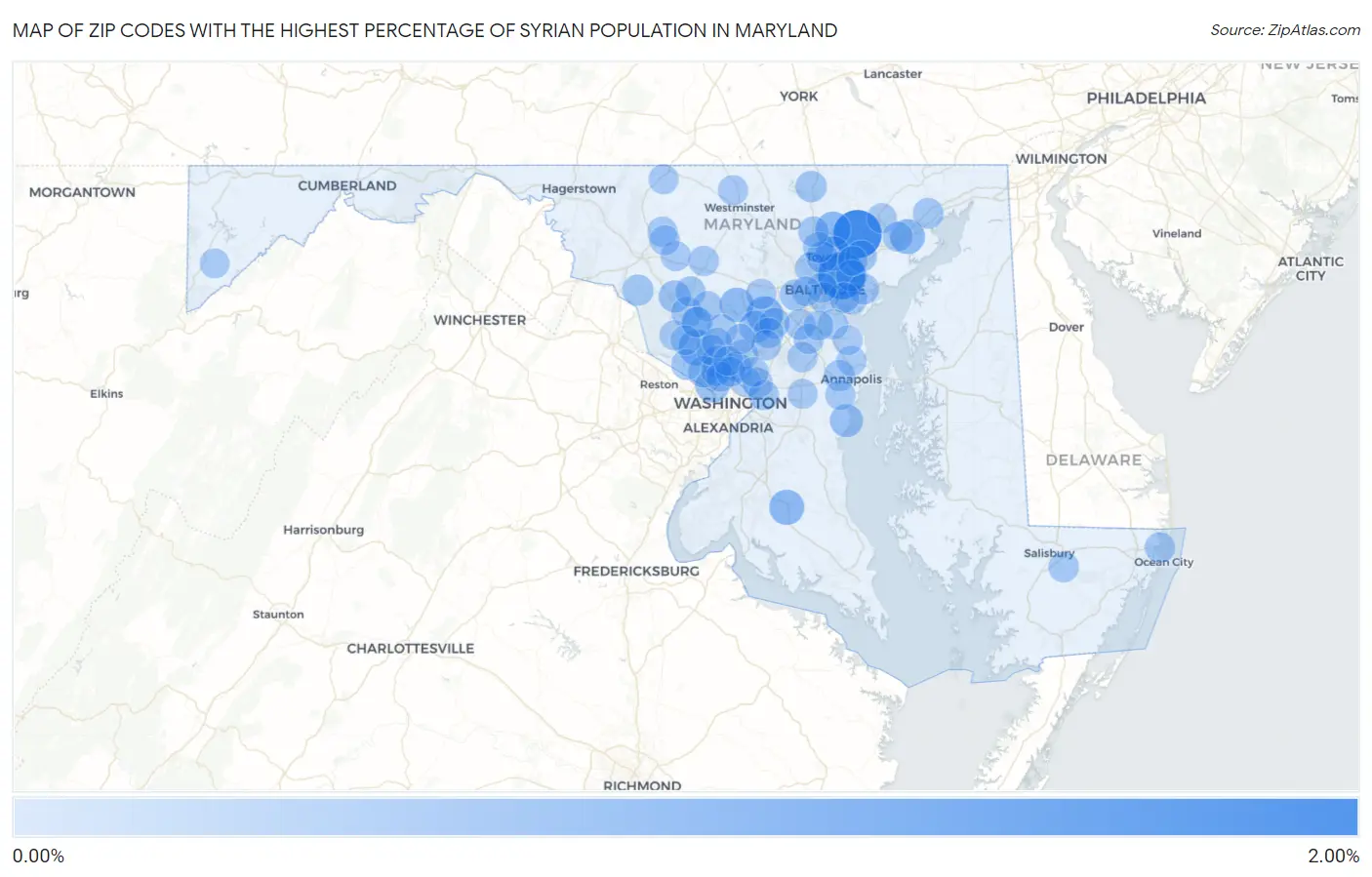 Zip Codes with the Highest Percentage of Syrian Population in Maryland Map