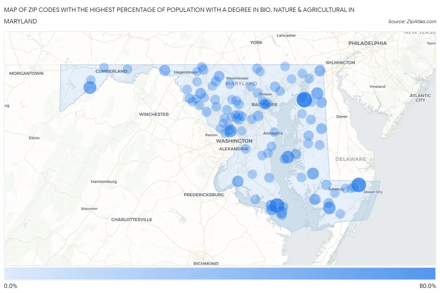 Zip Codes with the Highest Percentage of Population with a Degree in Bio, Nature & Agricultural in Maryland Map